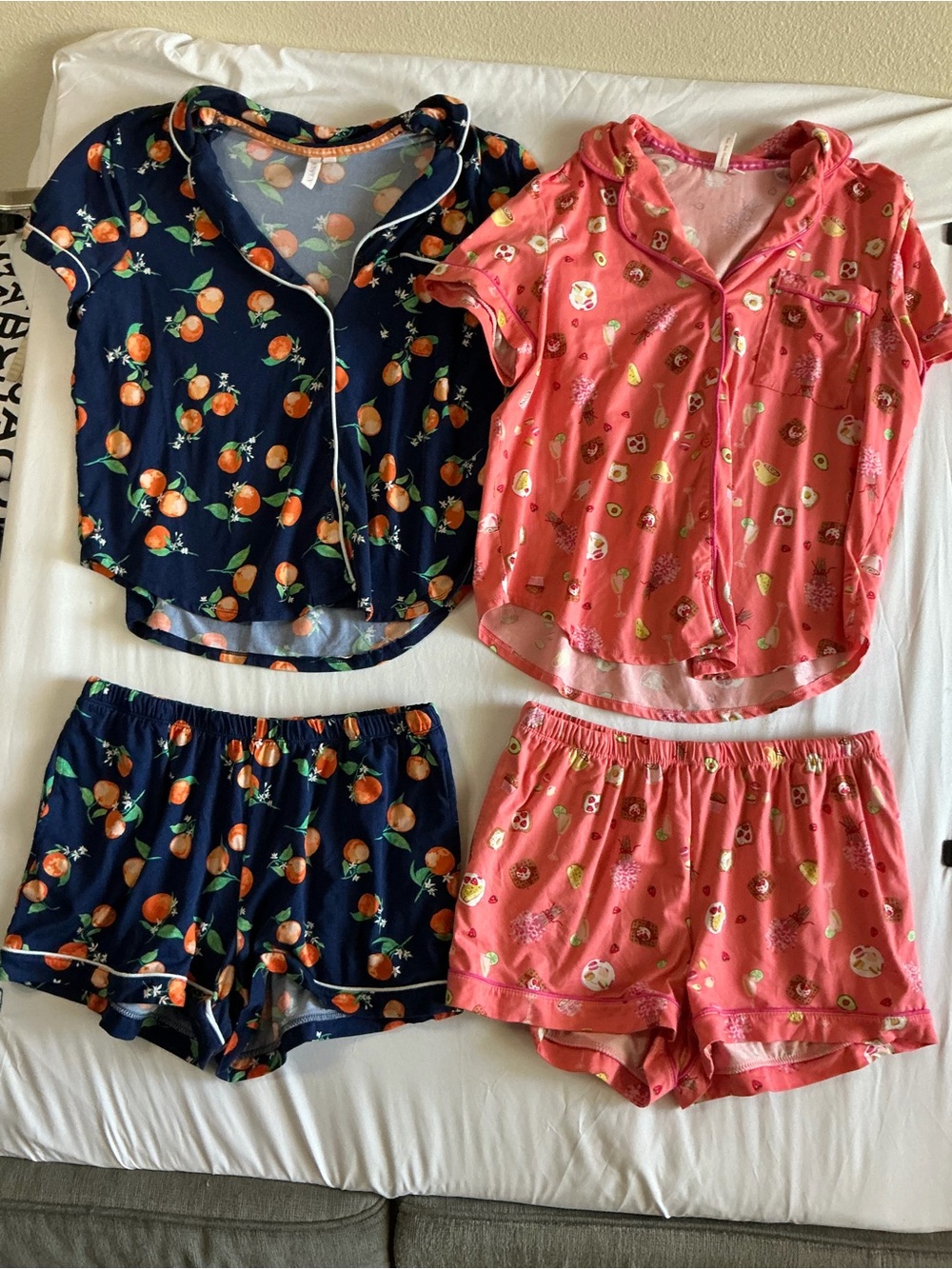 Cozy Short Sleeve Pajama Set - Navy Orange Print & Pink Fruit Print